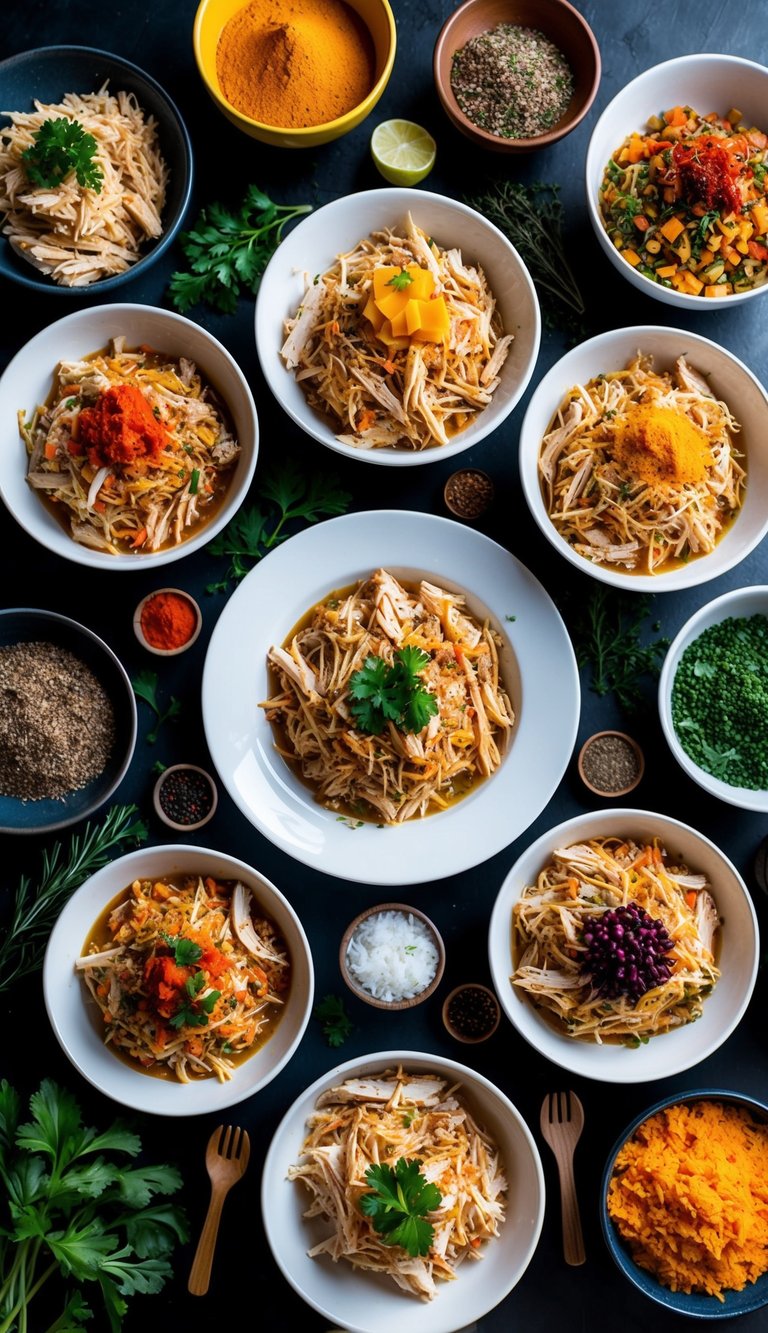 10 Must-Try Shredded Chicken Recipes for Easy, Flavor-Packed Meals You’ll Love 2 A colorful array of shredded chicken dishes surrounded by various herbs, spices, and vibrant ingredients, showcasing a variety of international flavors and cooking styles