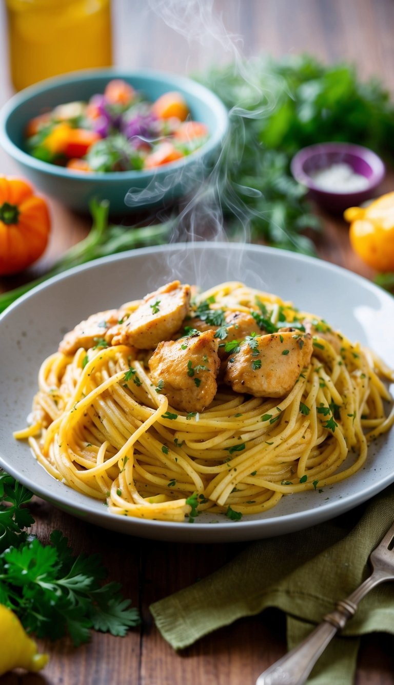 10 Must-Try Shredded Chicken Recipes for Easy, Flavor-Packed Meals You’ll Love 7 A steaming plate of chicken spaghetti surrounded by colorful ingredients and herbs, evoking a sense of warmth and comfort
