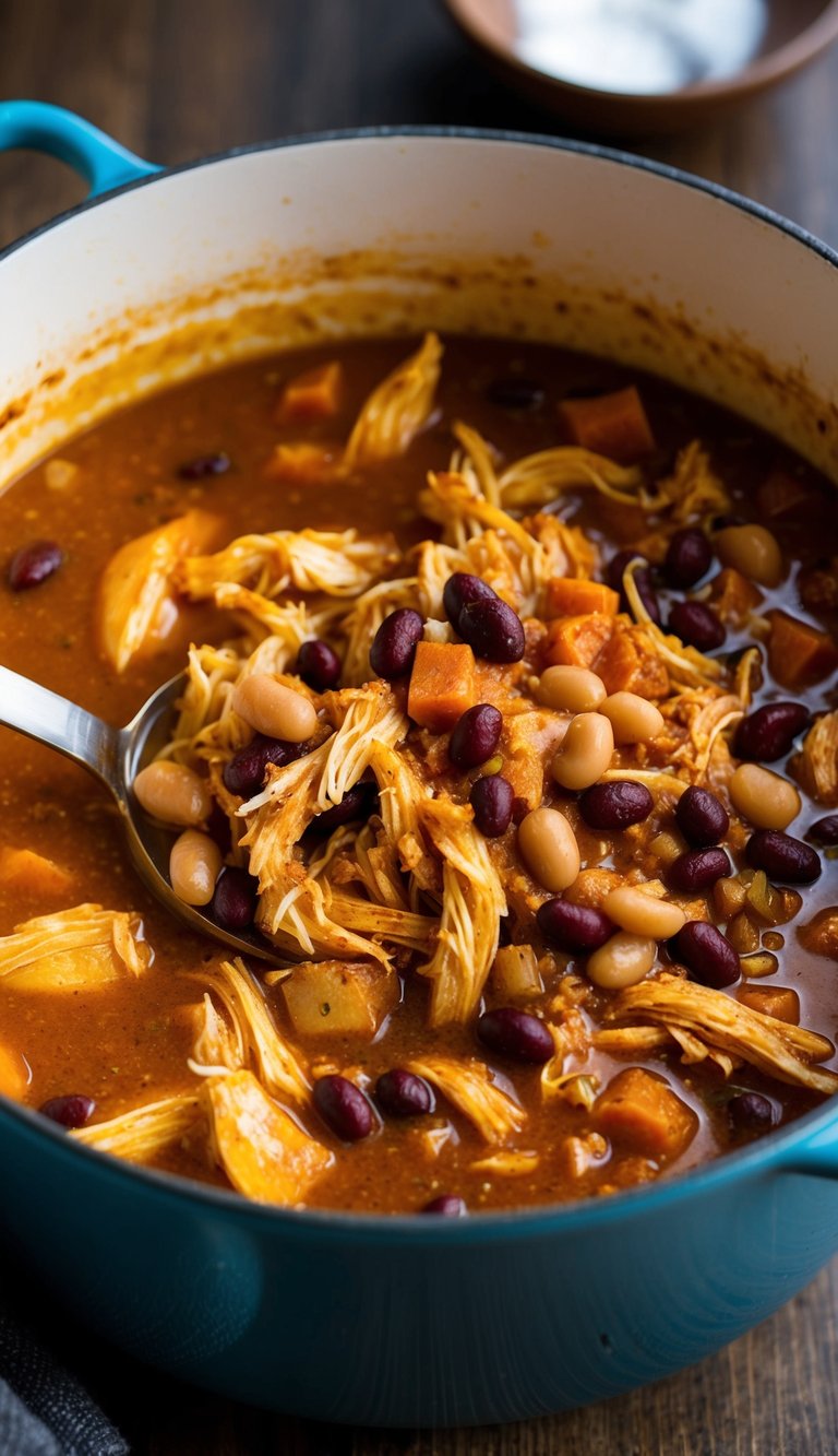 10 Must-Try Shredded Chicken Recipes for Easy, Flavor-Packed Meals You’ll Love 8 A simmering pot of buffalo chicken chili with shredded chicken, beans, and spices. A spoon rests on the edge of the pot