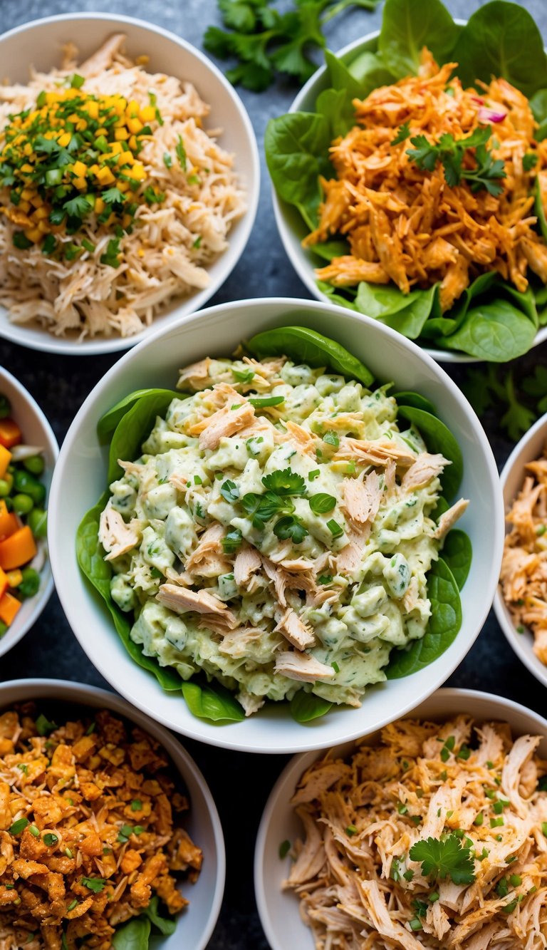 10 Must-Try Shredded Chicken Recipes for Easy, Flavor-Packed Meals You’ll Love 9 A vibrant green goddess chicken salad surrounded by a variety of shredded chicken dishes, each bursting with flavor and color