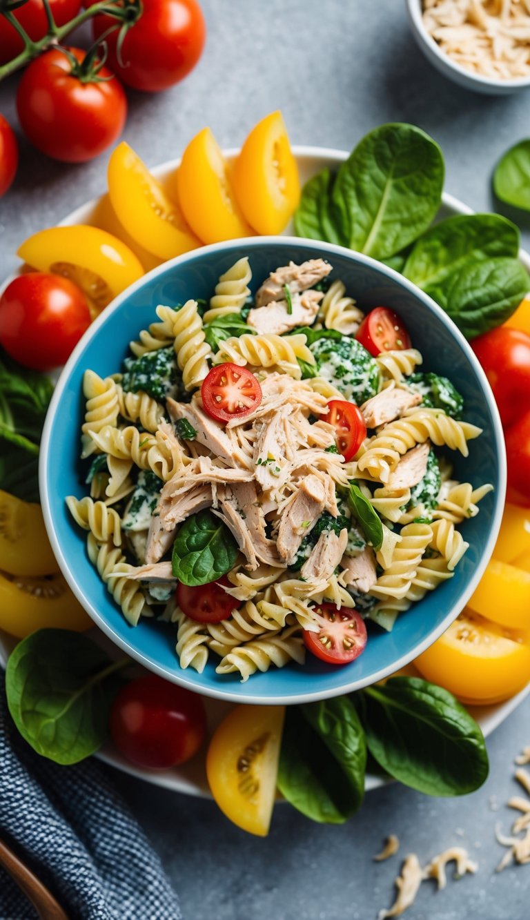 10 Must-Try Shredded Chicken Recipes for Easy, Flavor-Packed Meals You’ll Love 10 A colorful bowl of chicken pasta salad surrounded by fresh ingredients like tomatoes, spinach, and shredded chicken