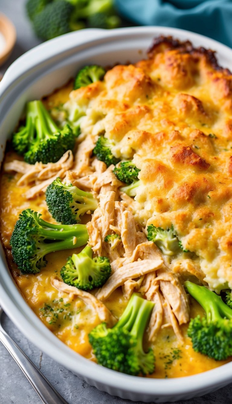 10 Must-Try Shredded Chicken Recipes for Easy, Flavor-Packed Meals You’ll Love 11 A bubbling casserole dish surrounded by fresh broccoli, creamy sauce, and shredded chicken, with a golden brown crust on top