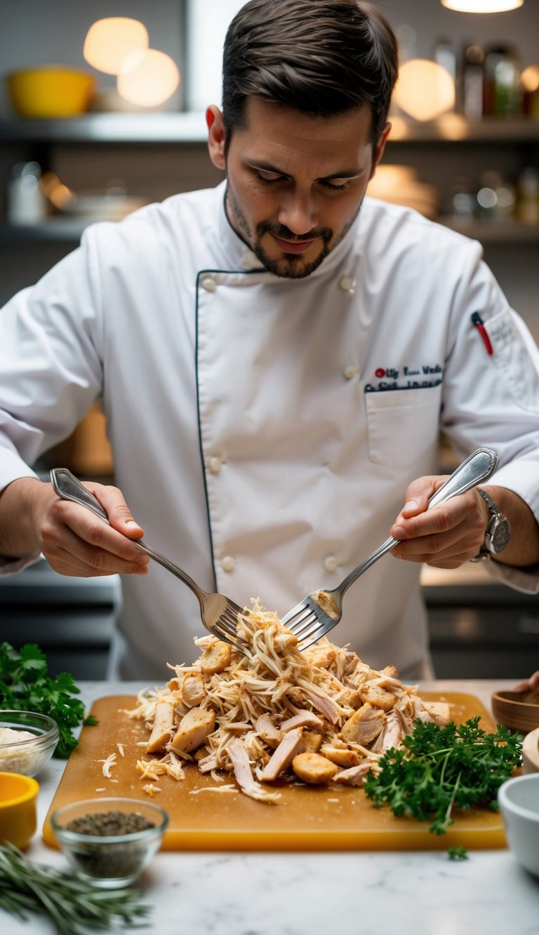 10 Must-Try Shredded Chicken Recipes for Easy, Flavor-Packed Meals You’ll Love 13 A chef shredding cooked chicken with two forks on a cutting board, surrounded by various herbs, spices, and cooking utensils