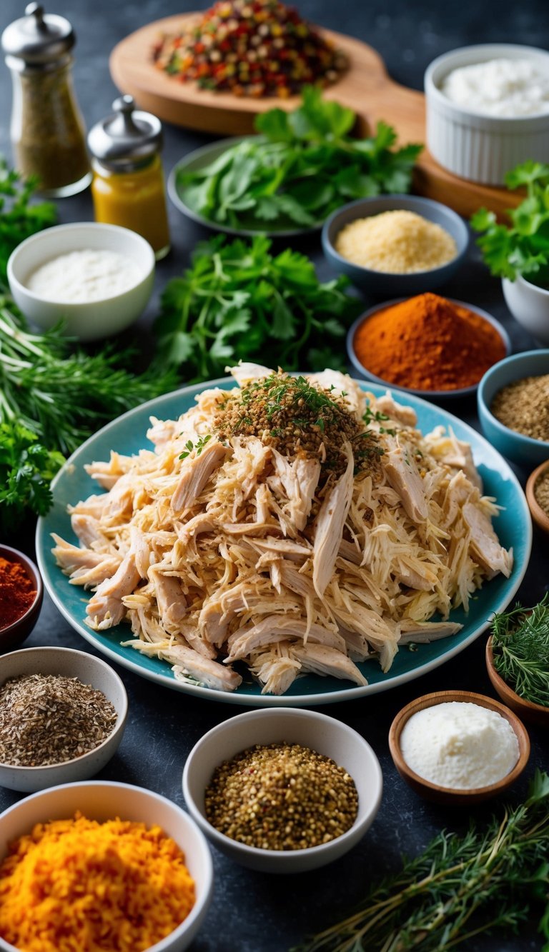 10 Must-Try Shredded Chicken Recipes for Easy, Flavor-Packed Meals You’ll Love 14 A colorful array of fresh herbs, spices, and condiments surround a succulent pile of shredded chicken, ready to be transformed into 10 mouthwatering dishes
